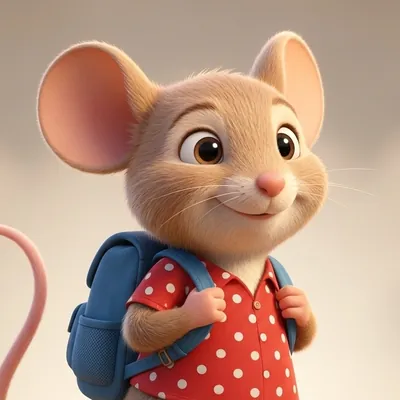 Die kleine Maus Piepsi mit rotem Punkte-Shirt und blauem Rucksack