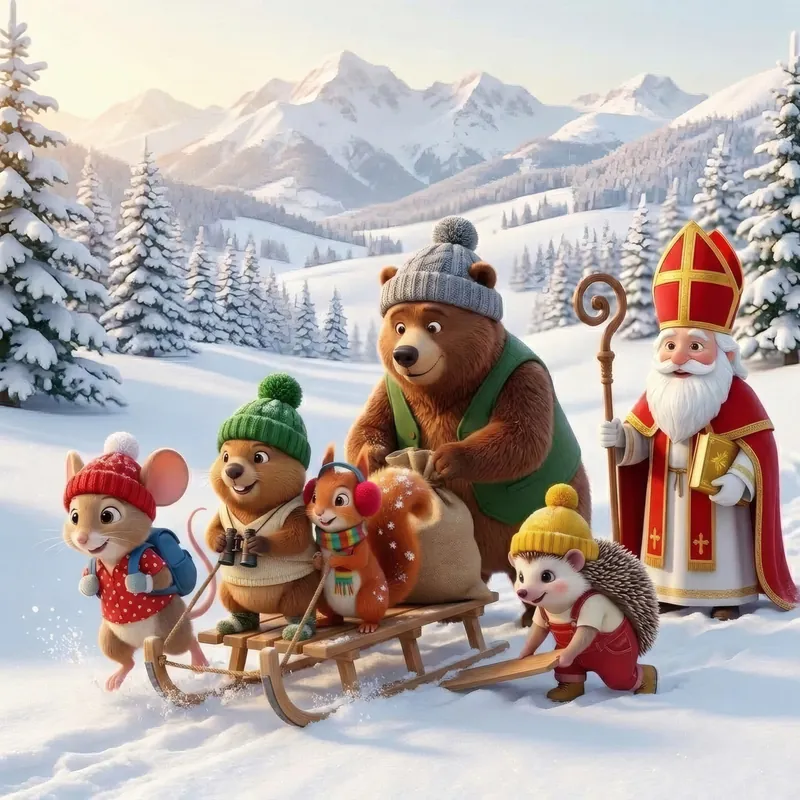 Piepsi und ihre Freunde ziehen gemeinsam den Schlitten des Nikolaus aus dem Schnee