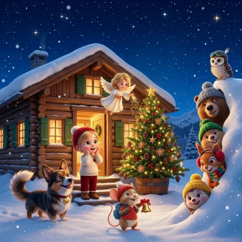 Buchcover „Piepsi, Sophie und das Christkind“: Sophie und Hund Luna vor der verschneiten Hütte, Piepsi mit Glöckchen, die Freunde versteckt im Schnee